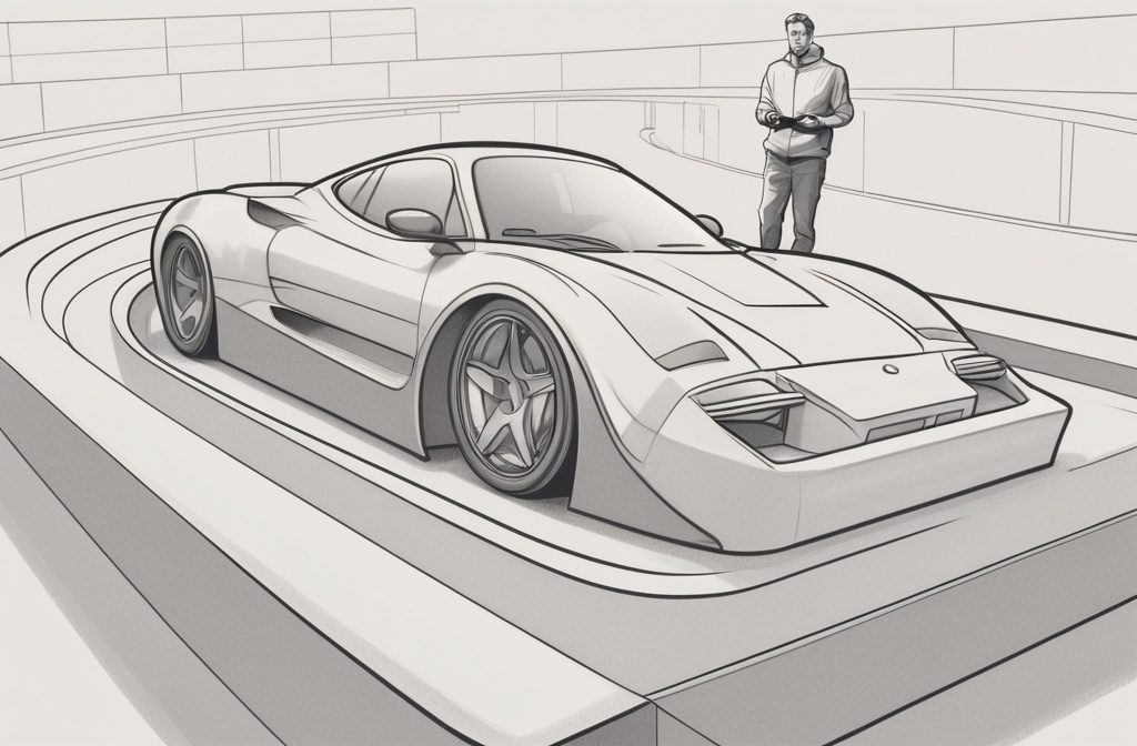 Prompt: a drawing of a sport car driving on a lifesize toy race track in front of a garrage. A man standing next to to race track is holding a controller. keep the composition as close as possible to the one i provided. Concept art. 