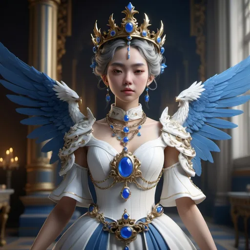 Prompt: a woman dressed in a white dress with blue wings and a crown on her head and a chain around her neck, Feng Zhu, rococo, unreal engine 5 quality render, concept art