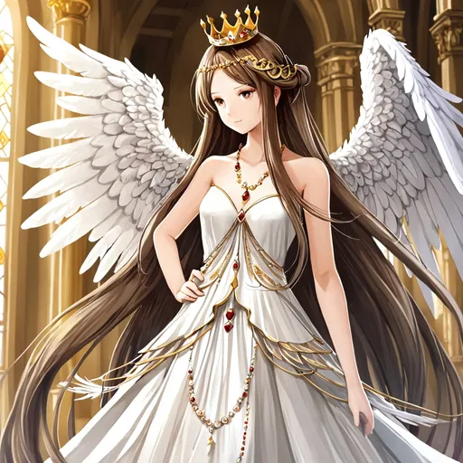 Prompt: 1girl, angel, angel wings, bare shoulders, crown, dress, feathered wings, hand on hip, jewelry, long hair, low-tied long hair, multi-tied hair, necklace, solo, twintails, very long hair, white wings, wings