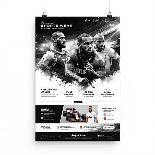 Prompt: detailed flyer for an online shop selling NBA, F1, EPL, La Liga, Bundesliga merchandise, titled "Sports Wear by Royal Roar", features iconic imagery of LeBron James, Erling Haaland, Ordell Beckham Jr., and Lewis Hamilton, monochrome design, interactive elements, sleek layout, professional aesthetic, modern typography, engaging visuals, high-quality graphics, visually appealing blend of sports themes and merchandise focus. do not add the names of the athletes but add the names of the leagues. 