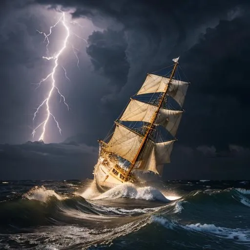 Prompt: ancient roman galley caught in violent storm, high waves, night, lightning, wind