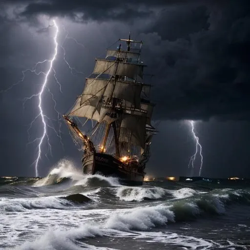 Prompt: pirate ship caught in violent storm, high waves, night, lightning, wind