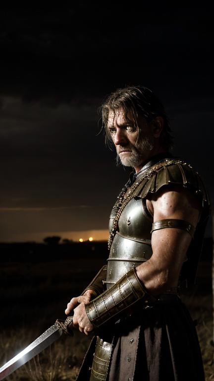 Prompt: battle scarred, ancient roman general, leaning on sword, stormy night, dramatic lighting fx, looking tired, weary, looking over battle field