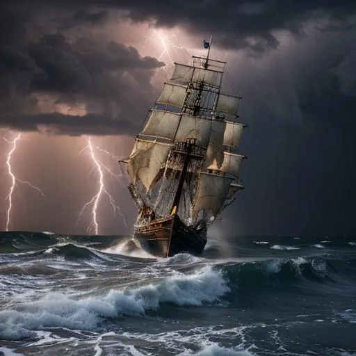 Prompt: pirate ship caught in violent storm, high waves, night, lightning, wind