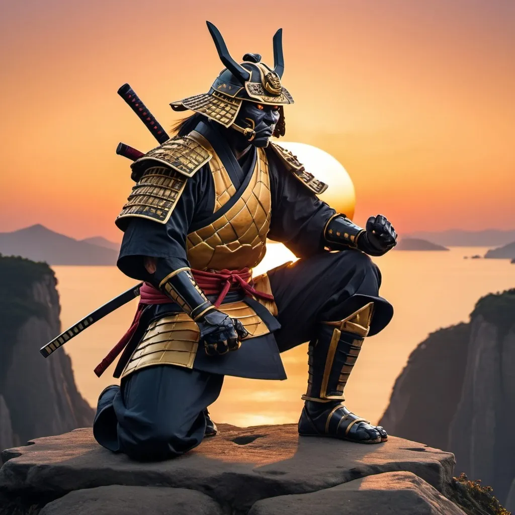 Prompt: Mutant samurai kneeling on a cliff with a beautiful sunset in the background