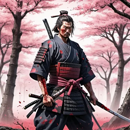 Prompt: Samurai holding his sword with engravings 
He is bloodied and tired from battle
Sakura trees sway in the background
Bodies line the battlefield