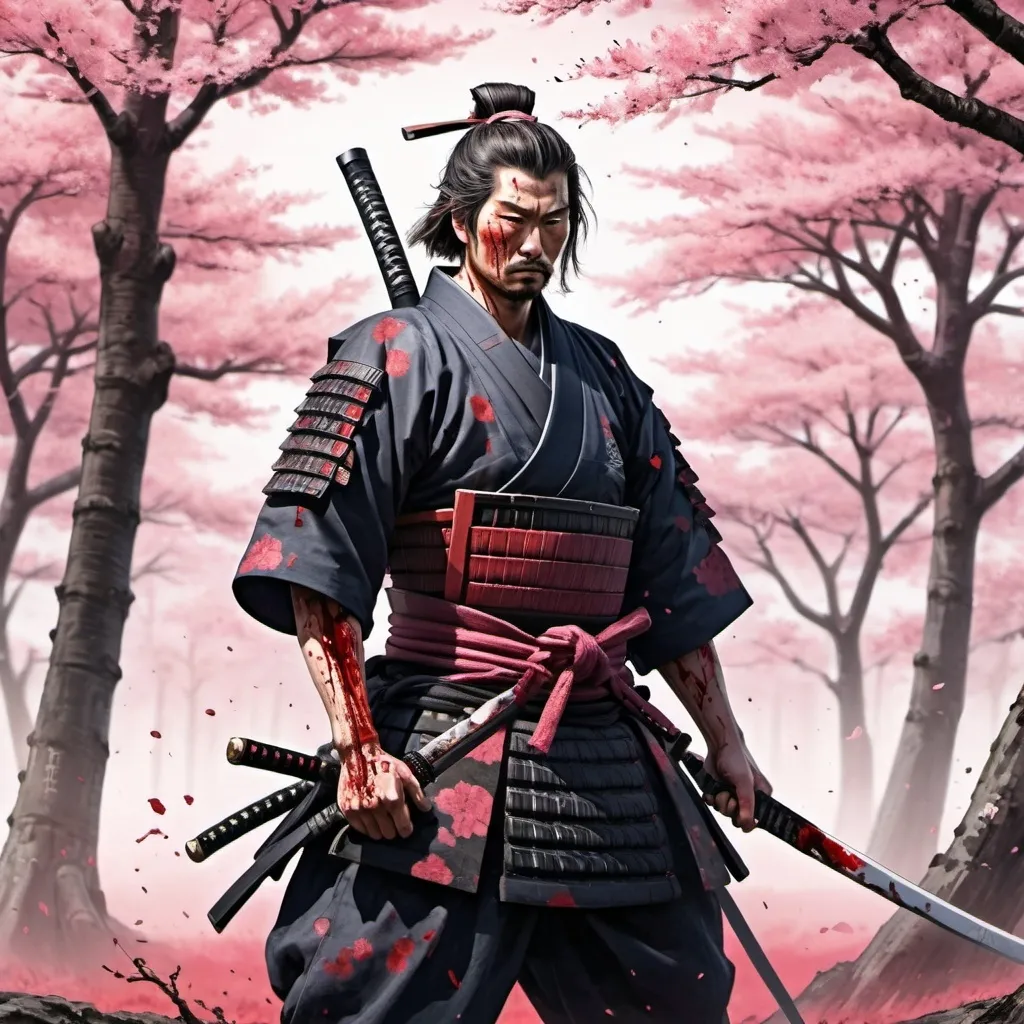 Prompt: Samurai holding his sword with engravings 
He is bloodied and tired from battle
Sakura trees sway in the background
Bodies line the battlefield