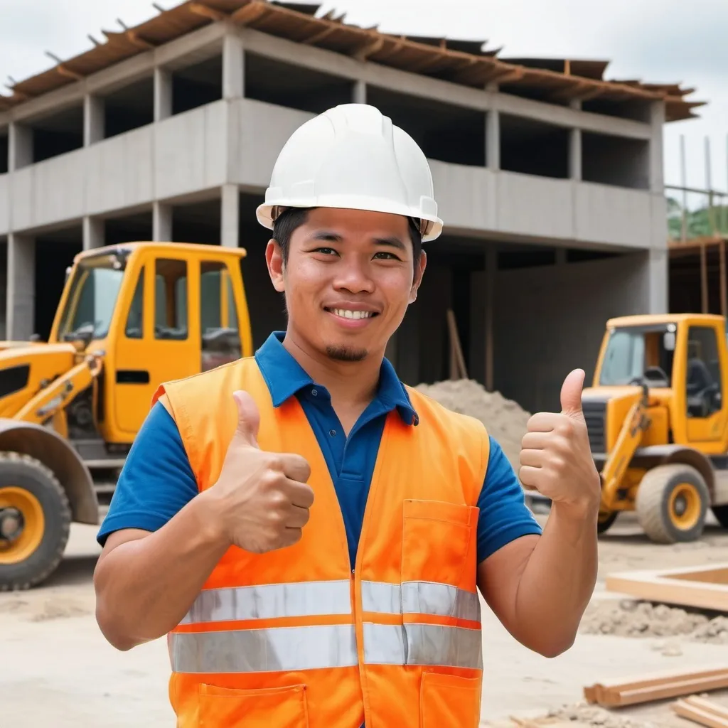 Prompt: Realistic filipino working in a construction site, showing a thumbs up sign