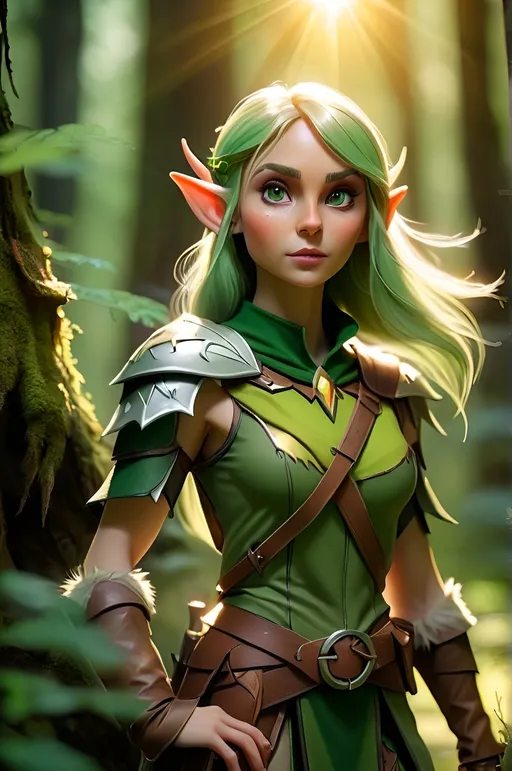 Prompt: Elf ranger in a mystical forest around sunlight