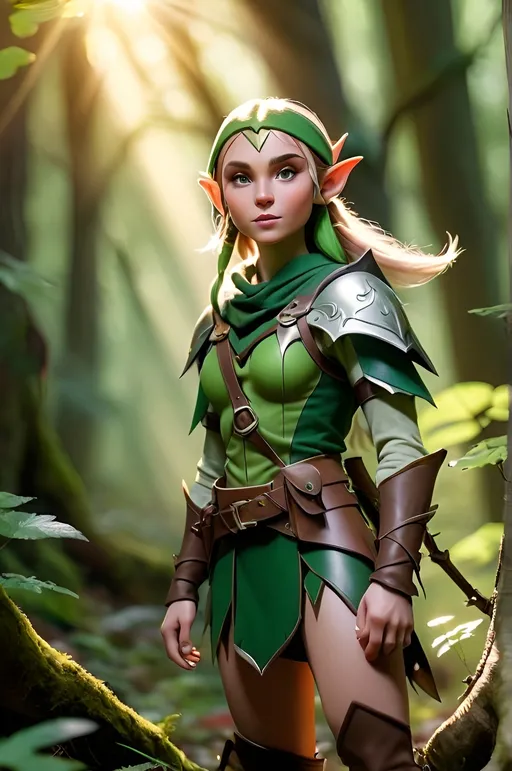 Prompt: Elf ranger in a mystical forest around sunlight