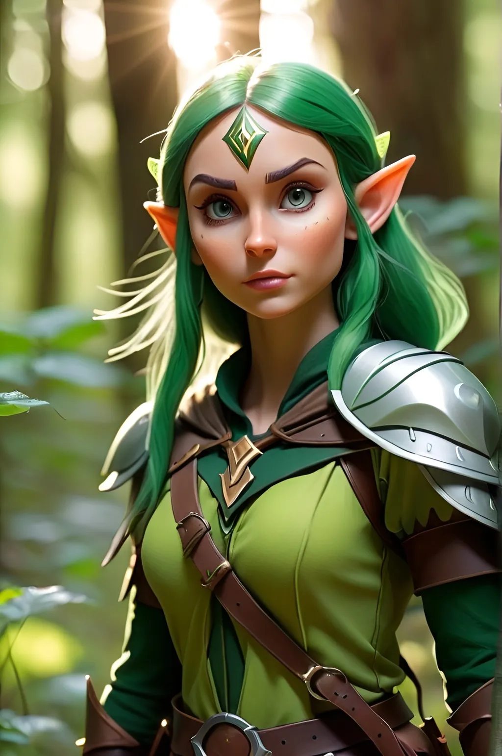 Prompt: Elf ranger in a mystical forest around sunlight
