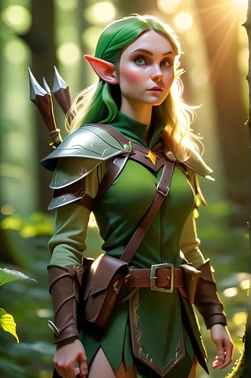 Prompt: Elf ranger in a mystical forest around sunlight