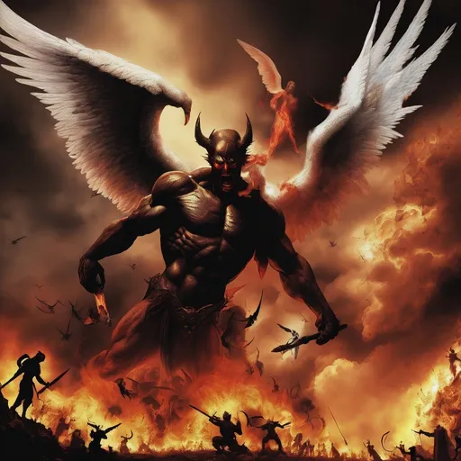 Prompt: war between angels and demons, humans are affected by this war