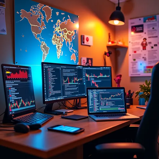 Prompt: Imagine a vibrant home office scene. The desk is the focal point, cluttered yet neatly arranged with technology: a laptop open to a mobile app development interface, showing both Android and iOS code. Next to it, a larger monitor displays web development tools in action, highlighting your multi-tasking capabilities.

A tablet propped up to one side displays dynamic trading charts from MetaTrader 5, capturing your occasional trading activities. Small details like sticky notes and pens add a realistic touch.

Behind the desk, a world map hangs on the wall with connecting lines pointing to various countries, symbolizing your international client base. A subtle glow or thin threads connecting points show the reach and scale of your freelance work.

In the background, on another wall, a vision board is pinned up with sketches and motivational notes. Words like “Global Reach,” “Top Startup,” and a few rough mock-ups of branding ideas hint at your future ambition to build a renowned business in your country.

The overall atmosphere is one of organized energy and determination, with a hint of ambition for greater things to come.