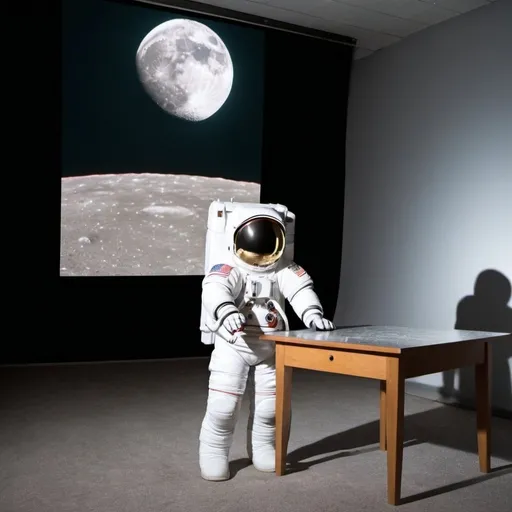 Prompt: fake moon landing illustrating a man in a spacesuit standing on what appears to be the moon that has a firmament. Also put a table to the side of the Astro naught, and on that table is a projector that is projecting an image of the moon onto the firmament. Also hide the word truth on the ground the astro naught is standing on, and make that ground look psychedelic.