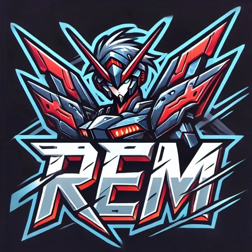 Prompt: a stylized image of a robot with a sword and a helmet on it's head, with the words rem in the middle, Adam Rex, rayonism, mecha, vector art