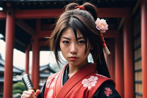 Prompt: Create a graphic of this girl dressed as a samurai in Japan with a katana