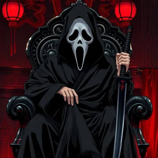 Prompt: Create a highly detailed anime-style image, Canon is a strikingly handsome man  the Ghostface mask from the Scream movie, his captivating aura remains. The mask’s dark eye sockets and iconic shape contrast with his usual appearance, adding a menacing touch. 

Canon is wearing the classic Ghostface costume from scream movie—a flowing black robe with ragged edges, but with subtle red highlights that complement the dark theme. The robe’s hood is pulled up, partially shrouding his face in shadow, adding a sense of mystery and intensity. 

He is seated in a gothic chair with intricate carvings, resembling a throne, in a dark room adorned with red accents and dragon-themed decorations. His posture is relaxed yet commanding, sitting like a god with one hand resting on the armrest. A black katana with red accents is leaned against the side of the chair, adding a touch of danger to the scene.

The environment features dim lighting, emphasizing the room's red and black tones, with subtle reflections glinting off the katana’s blade. The image should contain vibrant, bright colors where needed, focusing on the contrast between the dark atmosphere and the crimson accents.