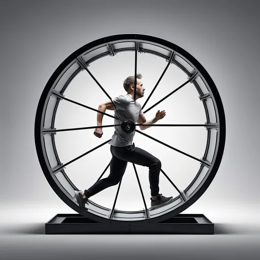 Prompt: a man running in a hamster wheel on a gray background with a white background and a black background, Beeple, kinetic art, path tracing, a stock photo