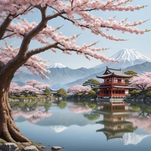 Prompt: Beautiful ancient Sakura tree, photorealism, serene lake, distant mountains, Japanese temples, cherry blossom, photorealistic, detailed tree bark, calm water reflections, realistic mountains, traditional temples, high quality, realistic, serene, tranquil, photorealistic style, natural color tones, soft natural lighting