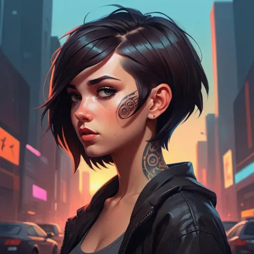 Prompt: Create a Lois van Baarle painting of a female short-hair cyberpunk brunette, 
tribal tattoos, full body shot, asymmetrical, sunset dark dramatic 
day, matte painting, bold shapes, hard edges, street art, trending 
on Artstation, official fanart Behance hd, highly detailed, sharp and clear, 
extreme high quality, professional, by Lois van Baarle and Ilya Kuvshinov.
