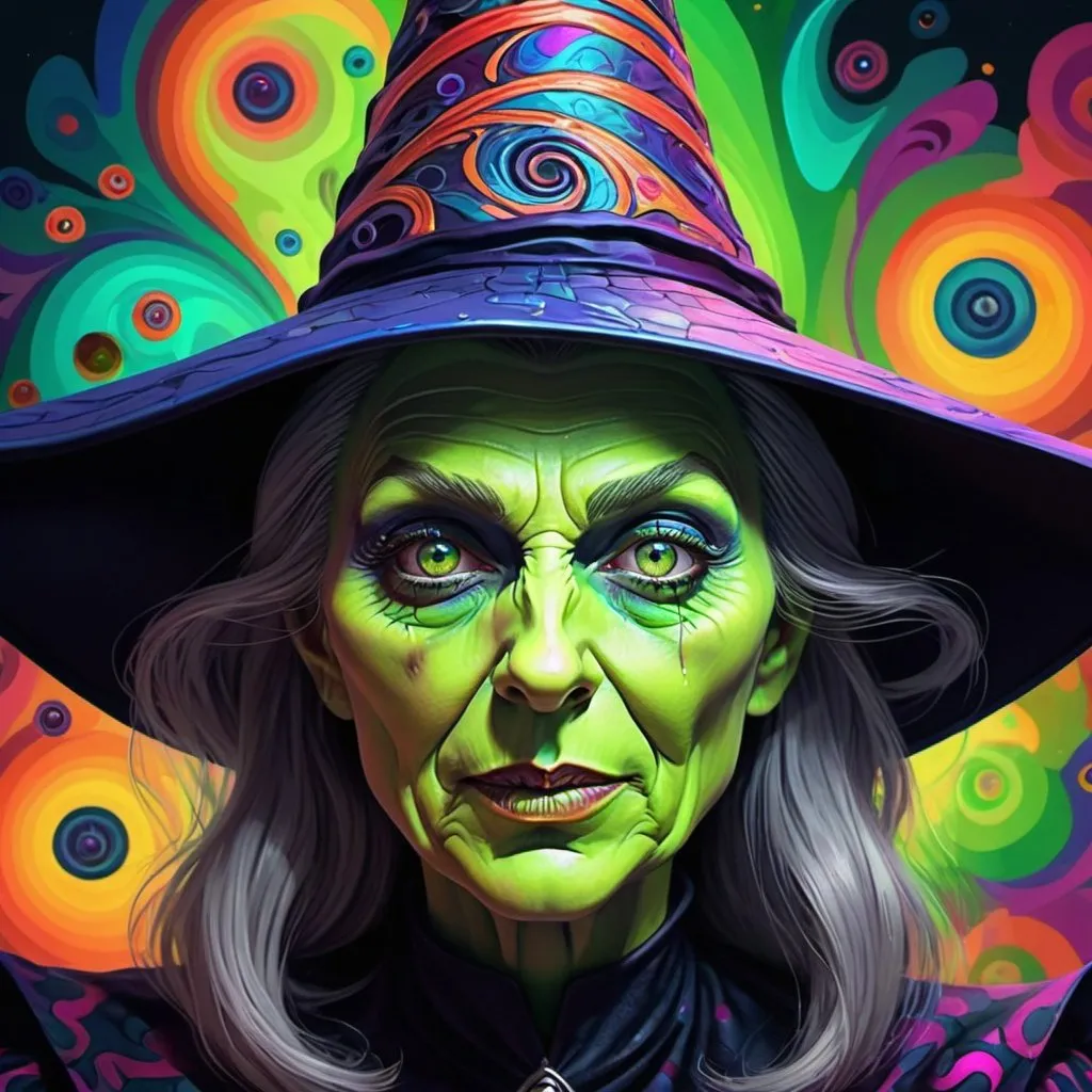 Prompt: Create an extremely psychedelic portrait of the Wicked Witch, surreal LSD face, highly detailed, intricate, elegant, lithe, digital painting, Art Station, concept art, smooth, clear and sharp focus, illustration, high quality, full HD, professioanl.