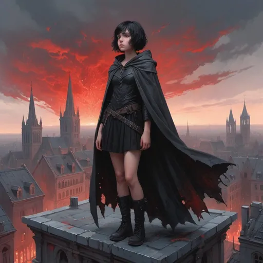 Prompt: A teenage girl with short dark hair and a tattered grey cloak, she stands on top of a building in a gothic fantasy city, the sky has a red glow and ash is falling, beautiful painting by art germ and Greg Rutkowski.