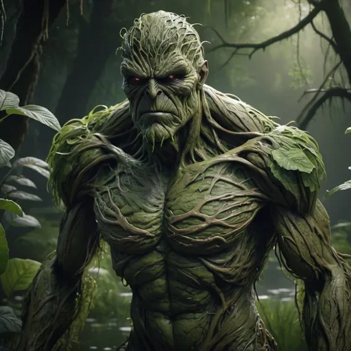 Prompt: Create an image of the swamp thing, ultra realistic, concept art, intricate details, eerie, highly detailed, photorealistic, octane render, 8 k, unreal engine. art in the style of ed binkley, ellen jewett, artgerm, greg rutkowski and alphonse mucha.