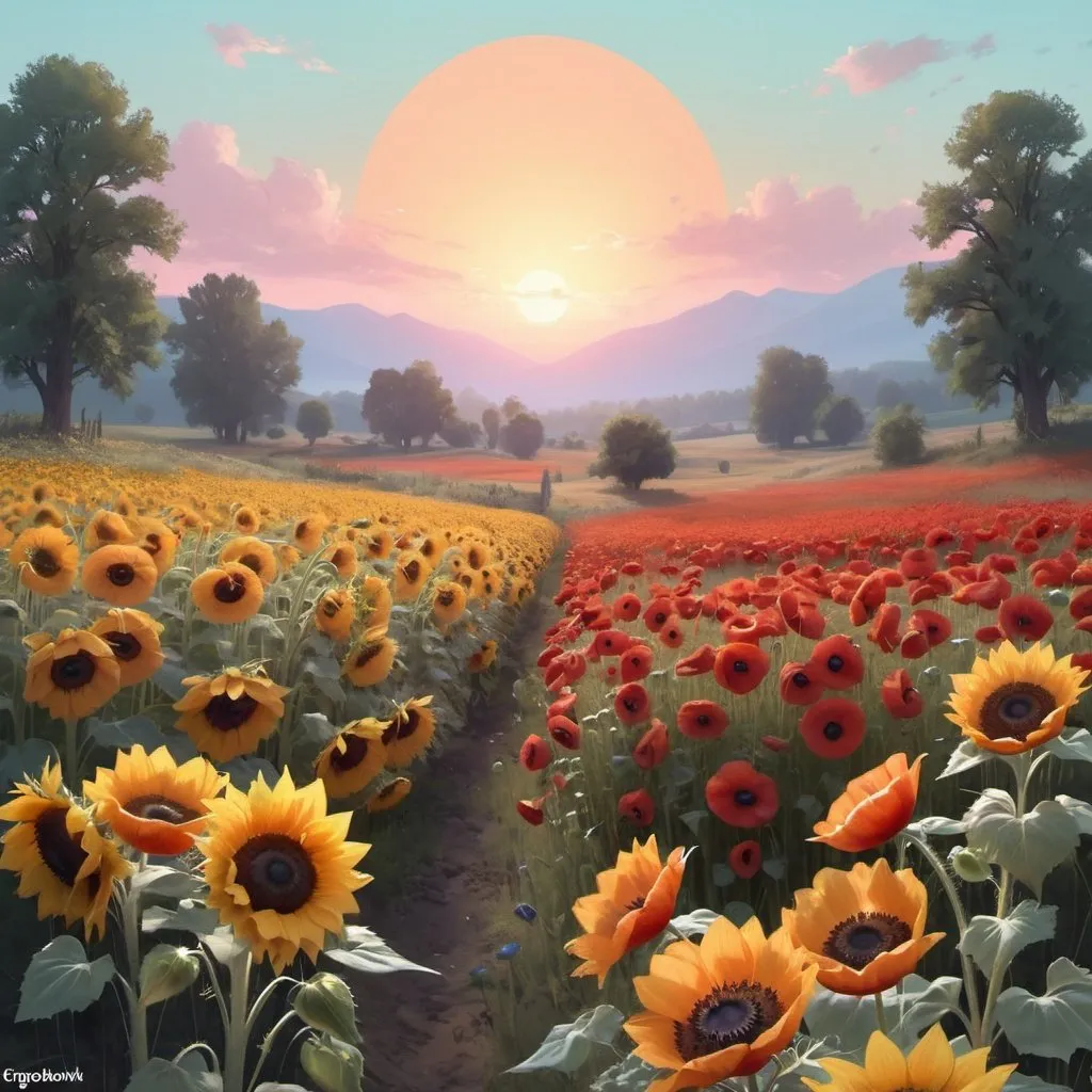 Prompt: Create a beautiful digital matte pastel painting of sunflowers and poppies, chillwave, Greg Rutkowski, artstation.