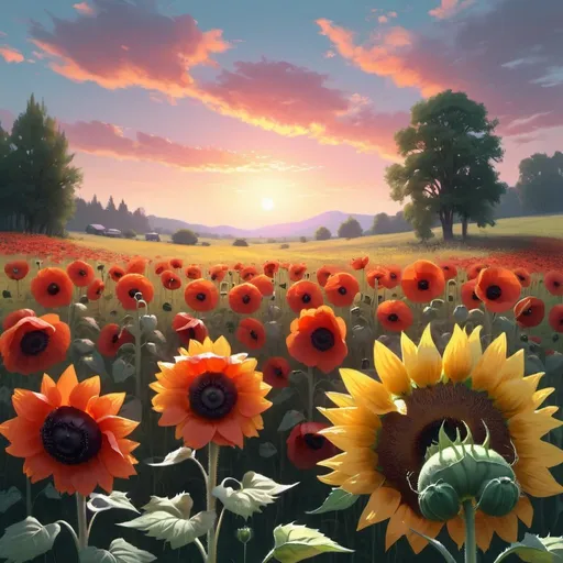 Prompt: Create a beautiful digital matte pastel painting of sunflowers and poppies, chillwave, Greg Rutkowski, artstation.