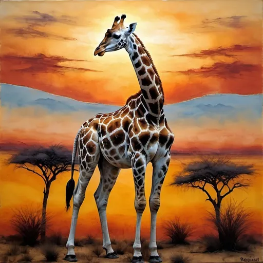 Prompt: a giraffe standing in the Serengeti desert, at sundown, encaustic painting, in the style of Regina Quinn