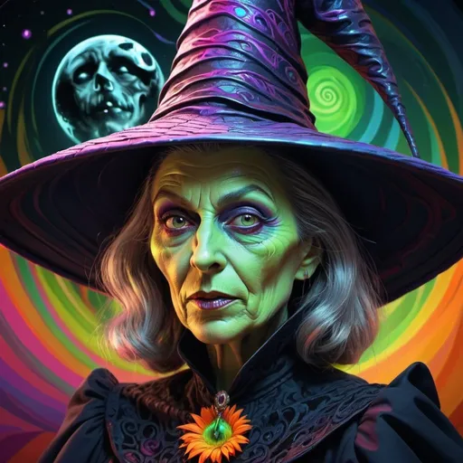 Prompt: Create an extremely psychedelic portrait of the Wicked Witch, surreal LSD face, highly detailed, intricate, elegant, lithe, digital painting, Art Station, concept art, smooth, clear and sharp focus, illustration, high quality, full HD, professioanl.