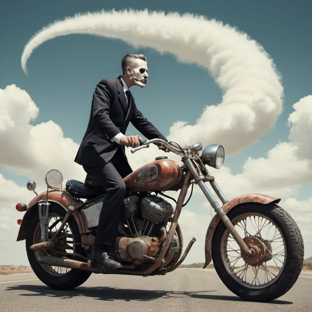 Prompt: A man on a motorcycle, surreal, weird.