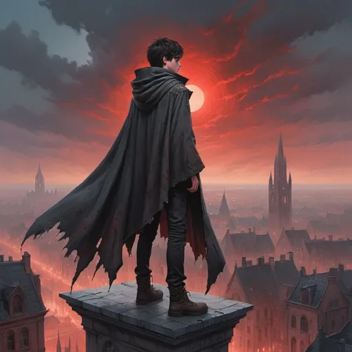 Prompt: A teenage boy with short dark hair and a tattered grey cloak, he stands on top of a building in a gothic fantasy city, the sky has a red glow and ash is falling, beautiful painting by art germ and Greg Rutkowski.