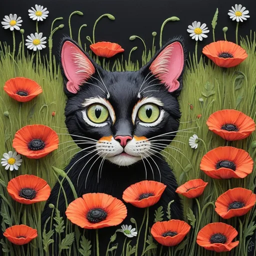 Prompt: exaggerated cat, long neck, big eyes, long tail, small body, long legs, grass daisies, poppies, chalk drawing, Jan Kip inspired, bold colors, black paper, highres, detailed, artistically exaggerated, vibrant, floral bed, whimsical, artistic, expressive, detailed eyes, unique design, professional, vibrant lighting