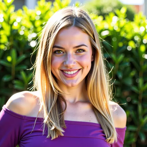 Prompt: In a bright setting, a woman with long, silky blonde hair captures the viewer's attention as she smiles softly, exuding warmth and friendliness. Her light skin glows gently under the available light, accentuating the rosy tones on her cheeks. Wearing a casual, off-shoulder purple top, she strikes a confident pose, her hair cascading to one side. The backdrop hints at an outdoor environment with lush green foliage visible, creating a fresh and uplifting atmosphere that complements her cheerful demeanor. The overall composition highlights her features, set against a subtly blurred background that draws focus to her engaging expression and relaxed presence.