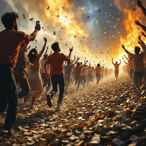 Prompt: Modern Line of people throwing their worldly possessing (money, keys, phones, etc.)  in pile as they run to a heavenly altar weeping 