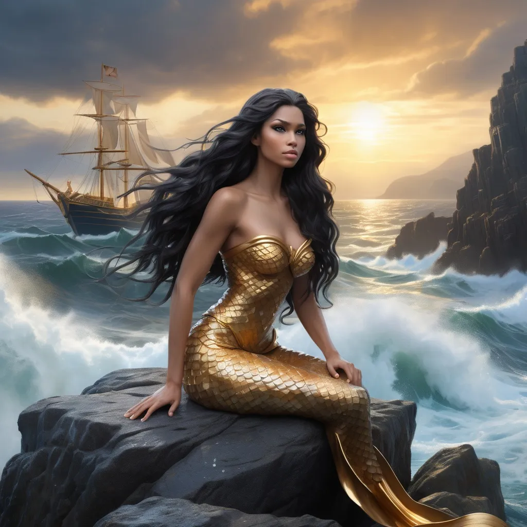 Prompt: A striking mermaid, with long, flowing dark hair, sits gracefully on a rocky outcrop while the ocean waves crash around her. Her shimmering, golden scales reflect the sunlight, accentuating her ethereal beauty and smooth, human-like features. In the background, a majestic ship battles the turbulent sea, its sails billowing against a backdrop of dark, brooding clouds that hint at an impending storm. The composition captures both the allure of the mythical creature and the raw power of nature, creating a mood that blends enchantment with a sense of danger. The rich color palette, highlighted by the contrasting dark skies and bright ocean, enhances the dramatic atmosphere of this fantastical scene.