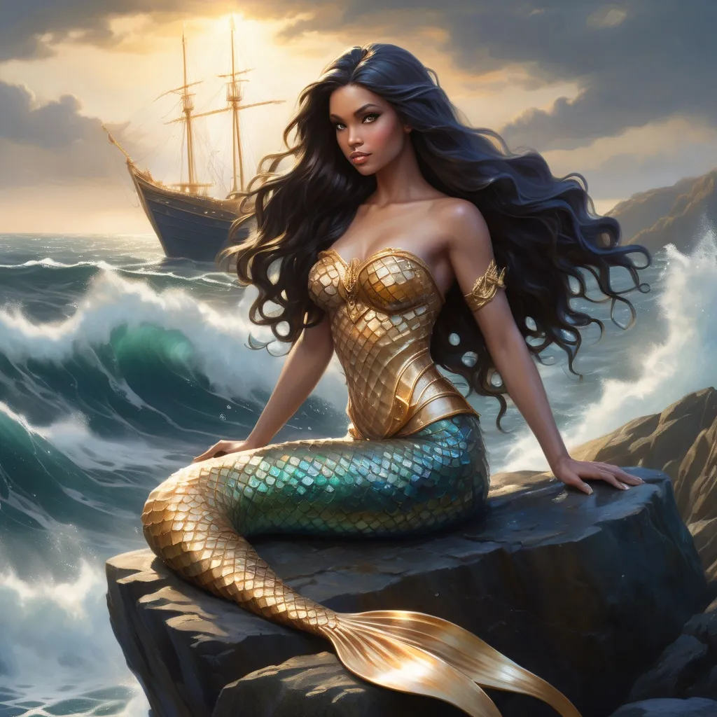 Prompt: A striking mermaid, with long, flowing dark hair, sits gracefully on a rocky outcrop while the ocean waves crash around her. Her shimmering, golden scales reflect the sunlight, accentuating her ethereal beauty and smooth, human-like features. In the background, a majestic ship battles the turbulent sea, its sails billowing against a backdrop of dark, brooding clouds that hint at an impending storm. The composition captures both the allure of the mythical creature and the raw power of nature, creating a mood that blends enchantment with a sense of danger. The rich color palette, highlighted by the contrasting dark skies and bright ocean, enhances the dramatic atmosphere of this fantastical scene.