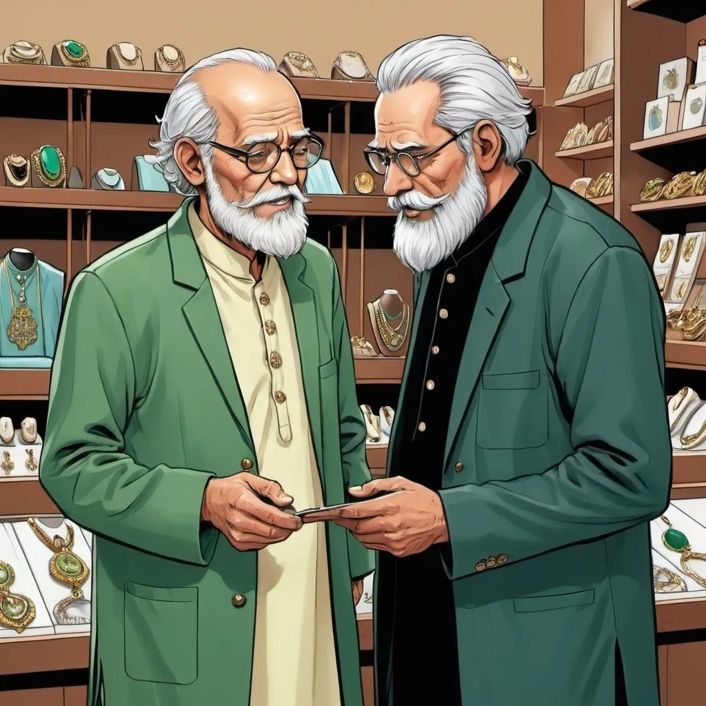 Prompt: A comic illustration of jewellery store, where an old man with receding hairline and golden framed spectacles wearing Indian white kurta and black pajama is having intriguing chat with middle aged man with beard wearing green jacket and black trouser and Finmet written on jacket.