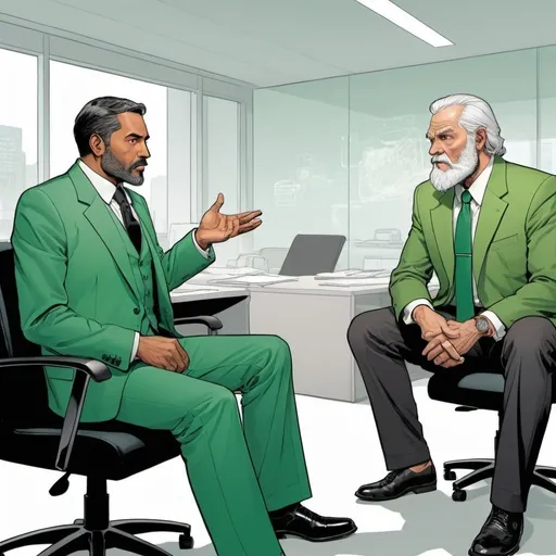 Prompt: A comic illustration of a middle aged brown man wearing suit and tie is having futuristic discussion while seated in a chic office with an old bearded man wearing green jacket and black trousers.