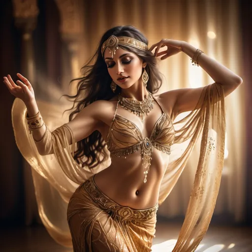 Prompt: A stunning belly dancer performing gracefully, dressed in an ornate, shimmering outfit with intricate beadwork and flowing fabric. Her hands are elegantly raised above her head, fingers delicately posed, creating a sense of motion and allure. The setting is softly lit with warm, golden tones, enhancing her vibrant costume and the glow of her skin. Background features faintly blurred patterns reminiscent of a Middle Eastern palace, with rich textures and colors. The scene captures her movement mid-dance, with the fabric of her skirt swirling gently around her