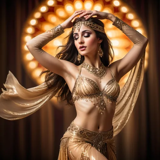 Prompt: A stunning belly dancer performing gracefully, dressed in an ornate, shimmering outfit with intricate beadwork and flowing fabric. Her hands are elegantly raised above her head, fingers delicately posed, creating a sense of motion and allure. The setting is softly lit with warm, golden tones, enhancing her vibrant costume and the glow of her skin. Background features faintly blurred patterns reminiscent of a Middle Eastern palace, with rich textures and colors. The scene captures her movement mid-dance, with the fabric of her skirt swirling gently around her