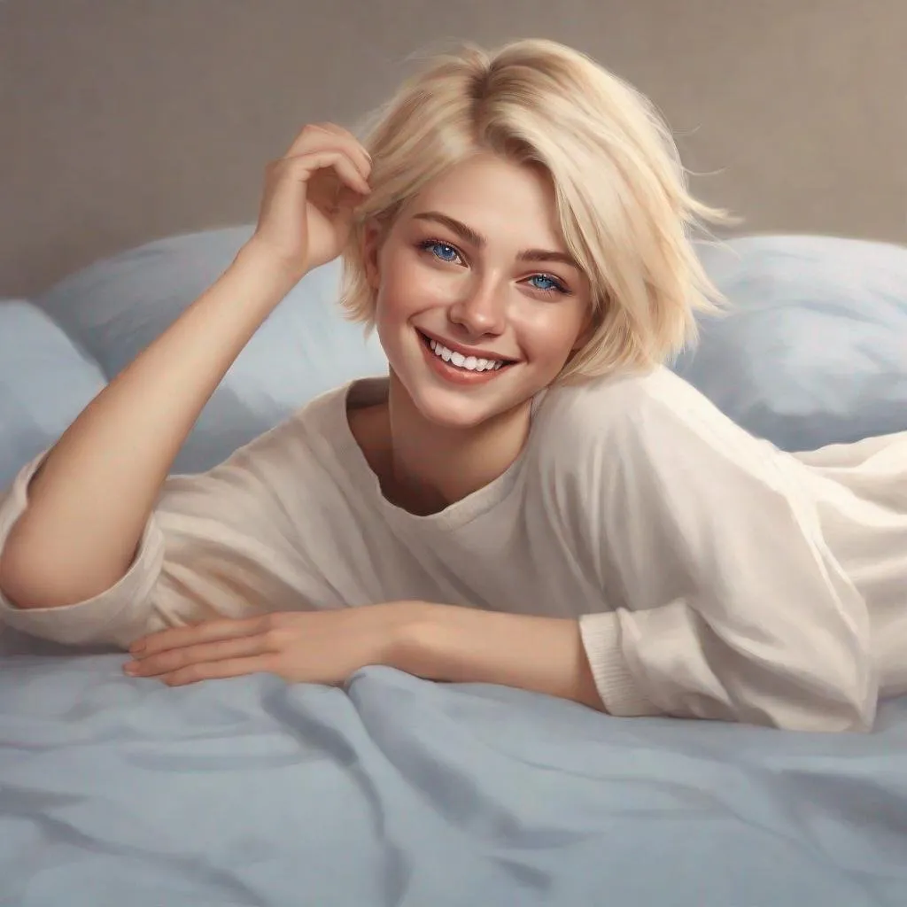 Realistic blonde girl with short hair, blue eyes, fa...