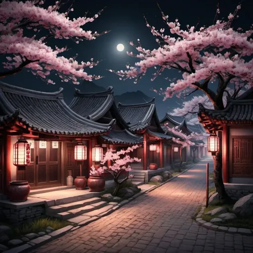Prompt: realistic night traditional Chinese village with cherry blossom