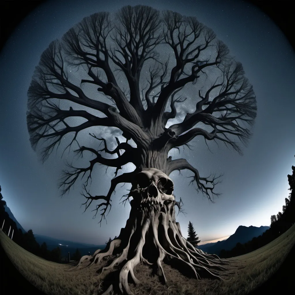 Prompt: Create an image of a creepy old tree on mountains of skulls 
 in fisheye lens at night make the tree creepy and dark