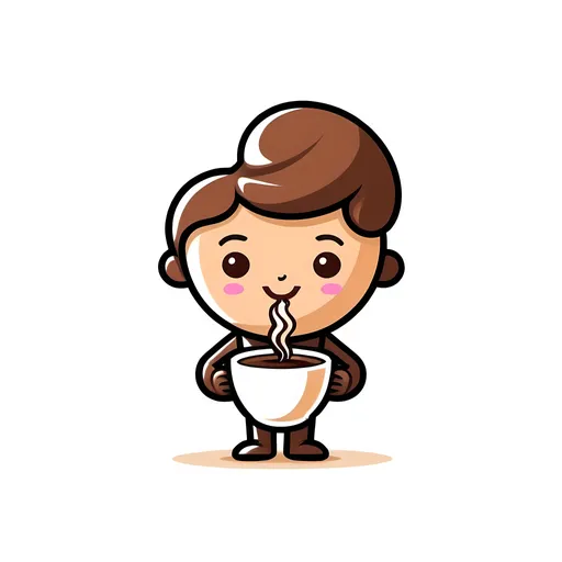 Prompt: Stylized human mascot, sweets fan, chocolate lover, coffee addict, vector flat logo, simple lines, cute cartoon illustration, white backdrop