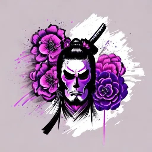 Prompt: Samurai logo, cool looking, brand identity, dark themed, illustration, black, purple, pink flowers