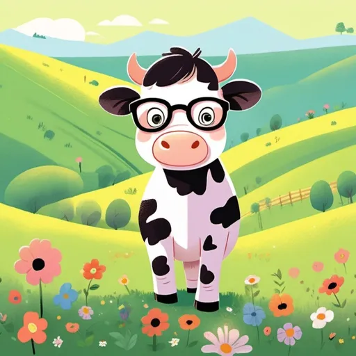 Prompt: A lush green valley with rolling hills in the background. La Vaquita Castro, a little black-and-white cow with hipster glasses and round black eyes, stands in the foreground, looking up with a smile. There are flowers around him, adding to the cheerful atmosphere. Flat & vector illustration, children's book cartoon style.