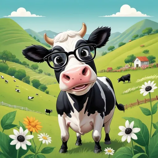 Prompt: A lush green valley with rolling hills in the background. La Vaquita Castro, a little black-and-white cow with hipster glasses and round black eyes, stands in the foreground, looking up with a big smile. There are flowers around him, adding to the cheerful atmosphere. Flat & vector illustration, small children's book cartoon style.